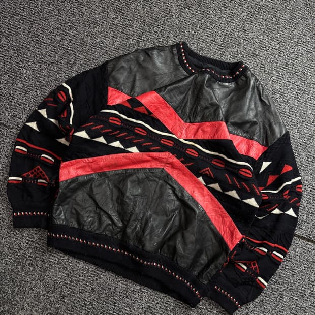 80s 빈티지 아카이브 레더 패치 케이블 니트 2331