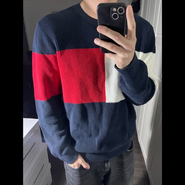 [L] TOMMY HILFIGER 타미힐피거 빅로고 와플 니트