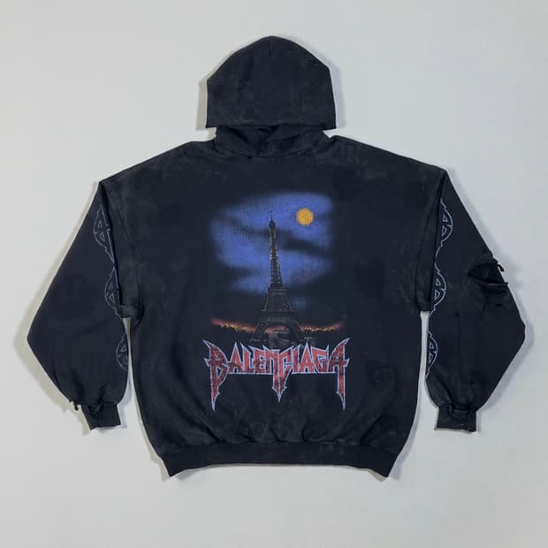 발렌시아가 파리 문 노 포켓 오버사이즈 후드 티셔츠 페이드 블랙 1사이즈