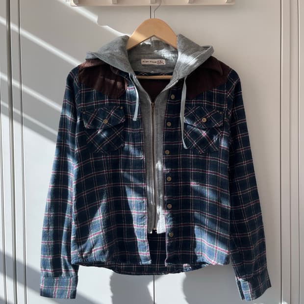 Rush hour 후드 레이어드 체크 남방 집업