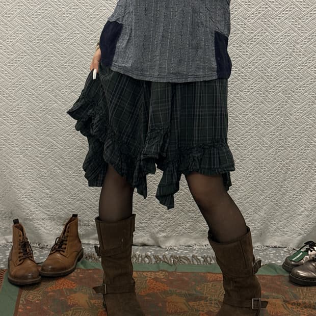 빈티지 키치 언발 프릴 체크 로코코 캉캉 스커트 K0118