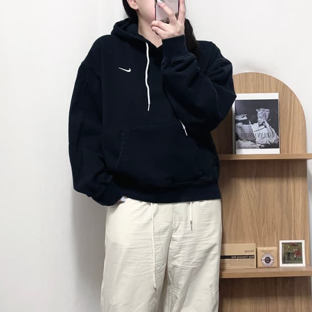 [정품] 나이키 블랙 스우시 기모 후드티 [ L ]