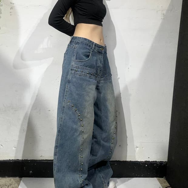 빈티지 y2k 중청 스터드 포인트 워싱 와이드 데님 팬츠 L