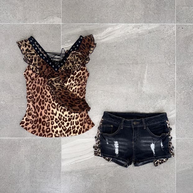 Brown leopard frill laceup sleeveless 