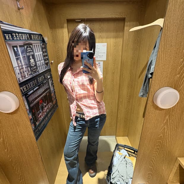 빈티지 체크 크롭 셔츠 핑크