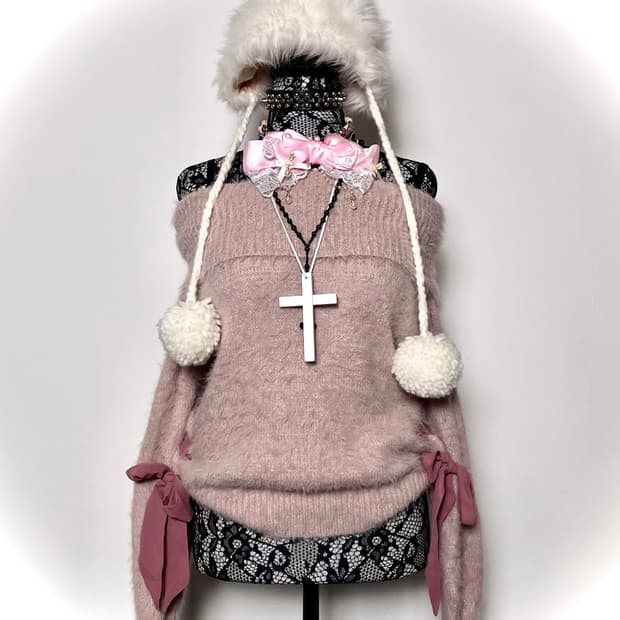 Jpn 아일렛 리본 히메갸루 퍼 오프숄더 핑크 니트