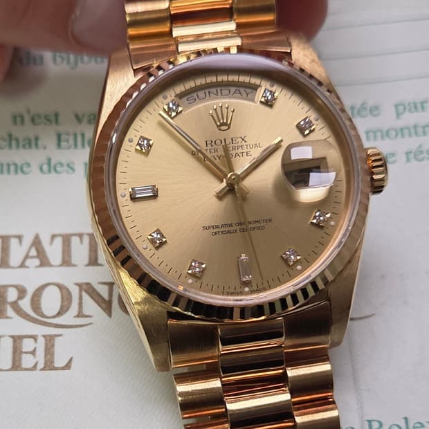 롤렉스 데이데이트 18238 18K올금통 바게트&다이아 샴골판 (원보증서