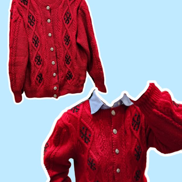 Europe 레드 꽈배기 니트 울 가디건