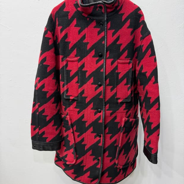 정품) COACH 코치 레드 블랙 하운드투스 체크 코트 M
