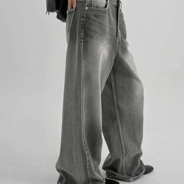 블랙업 그레이 워싱 데님 와이드팬츠