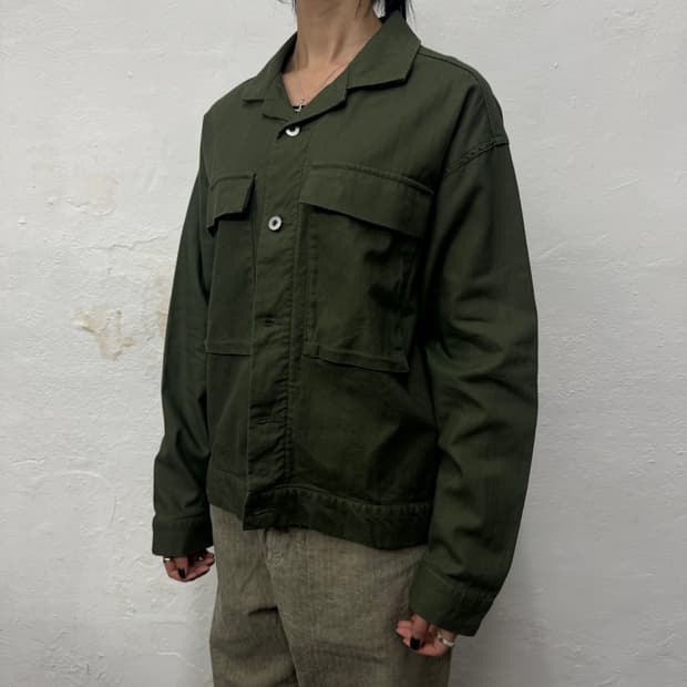 빔즈(BEAMS HEART) 올리브컬러 코튼 오픈 칼라넥 트러커 자켓