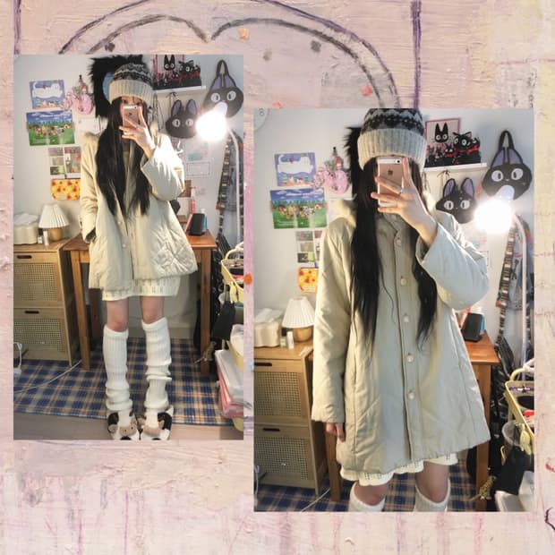 vintage fur hooded quilting outer ivory