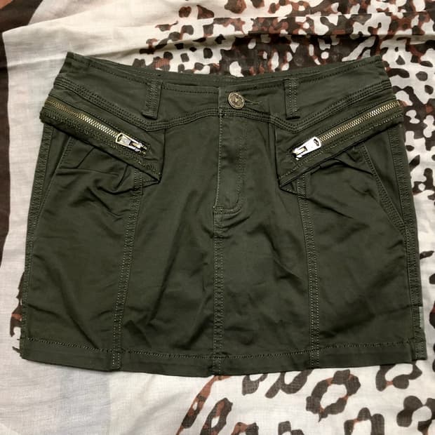 mxe 카키 골드 지퍼 스티치 미니 스커트 빈티지