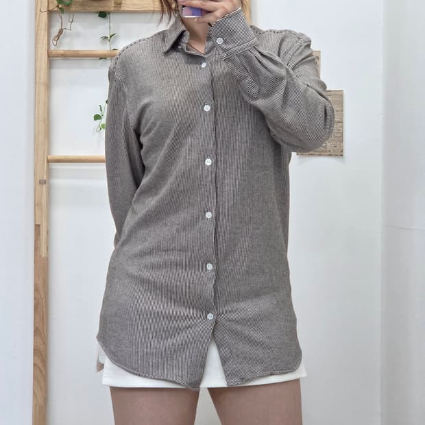 [프립]M/마시모두띠 잔 스트라이프 피케/저지 원단 버튼다운 긴팔 셔츠