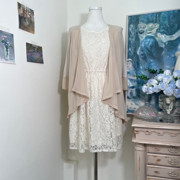 lace opc&sheer pink open cardigan set