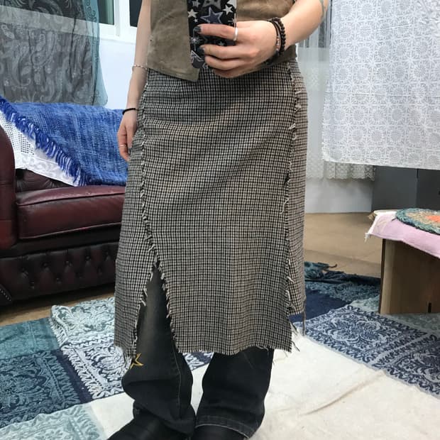 MERRYGOROUND 여성 모직 절개 체크 스커트 