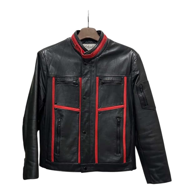 쇼트 가죽 레더 모터사이클 자켓 레드 파이핑 하이넥 멀티포켓 디테일 블랙