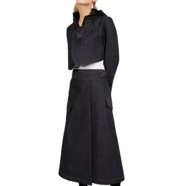 (새상품) 크롭 데님 후드&롱 스커트 셋업