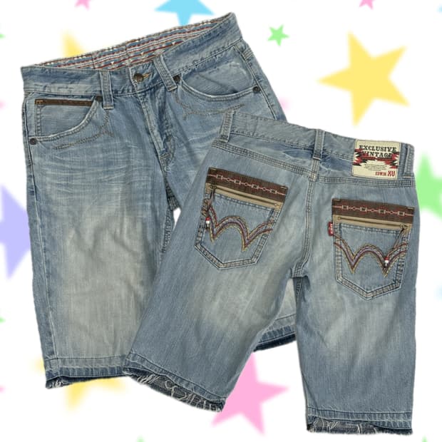 재팬 에드윈 보헤미안 연청 백포인트 빈티지 워싱 5부데님팬츠 반바지