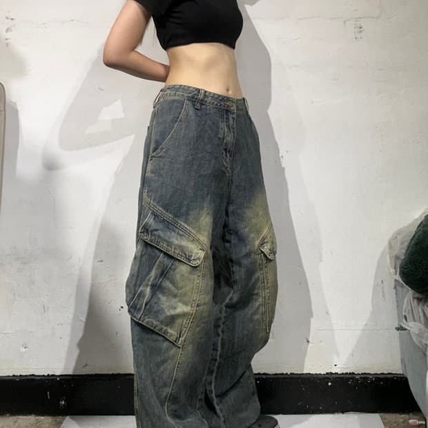 대장급 빈티지 워싱 와이드 데님 카고 팬츠 청카고 바지 XL