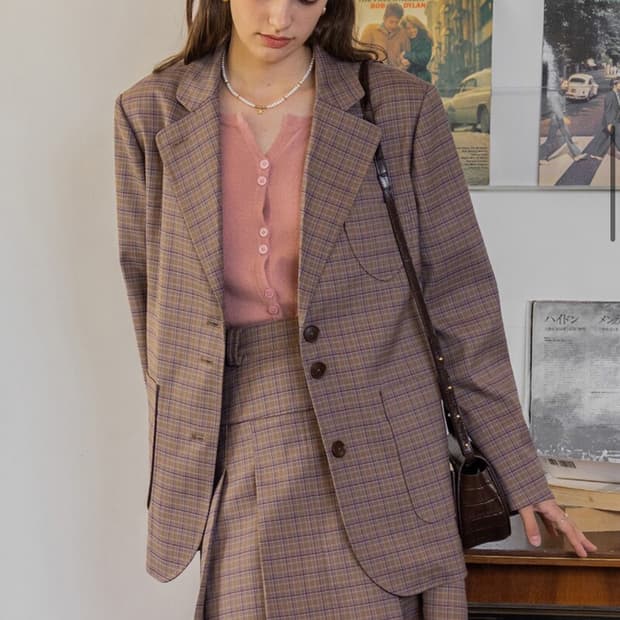 르니나 핑크 체크 자켓 치마 세트 s