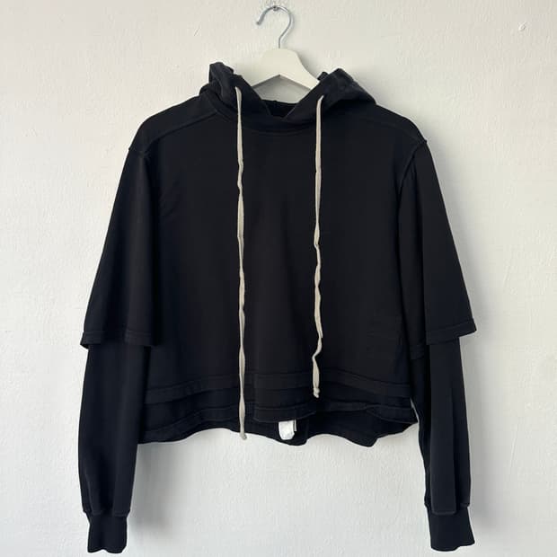 릭오웬스 허슬러 레이어드 크롭 후드 블랙