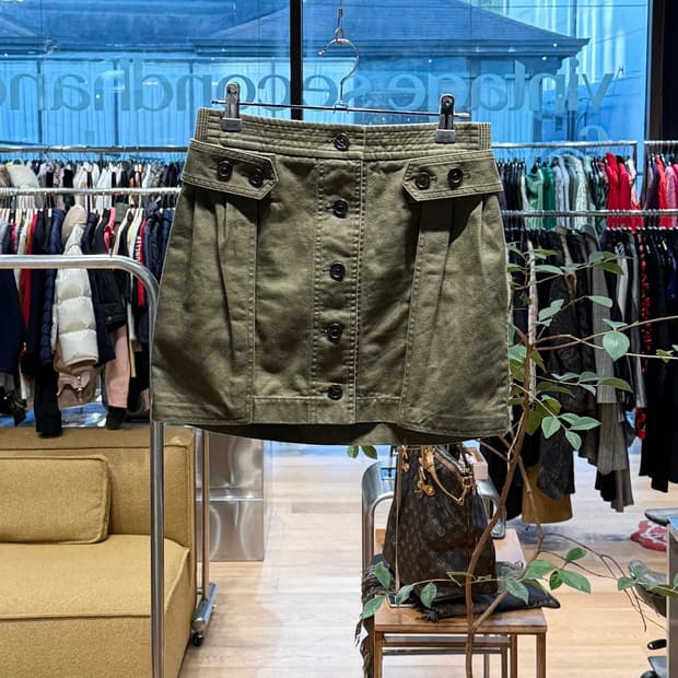 생로랑 카키 버튼 밴딩 미니스커트