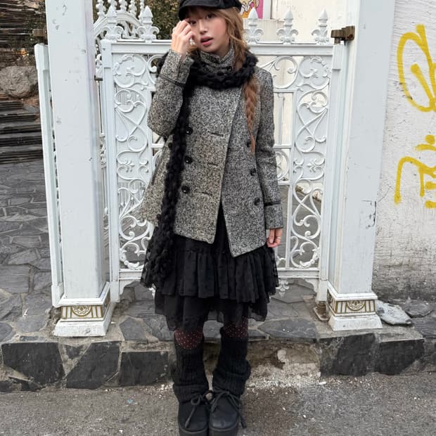 엑시즈팜 무채색 니혼진 하이넥 더블코트 도트 코디세트