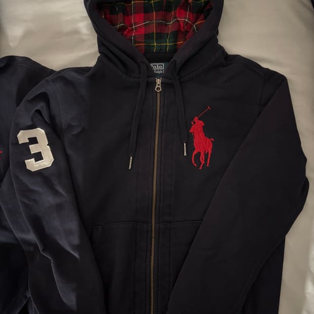 폴로 빅포니 네이비 체크 후드집업 m