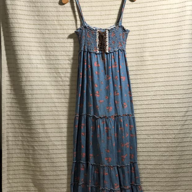 빈티지 가슴 밴딩 플라워 패턴 데님 롱 모리걸 원피스