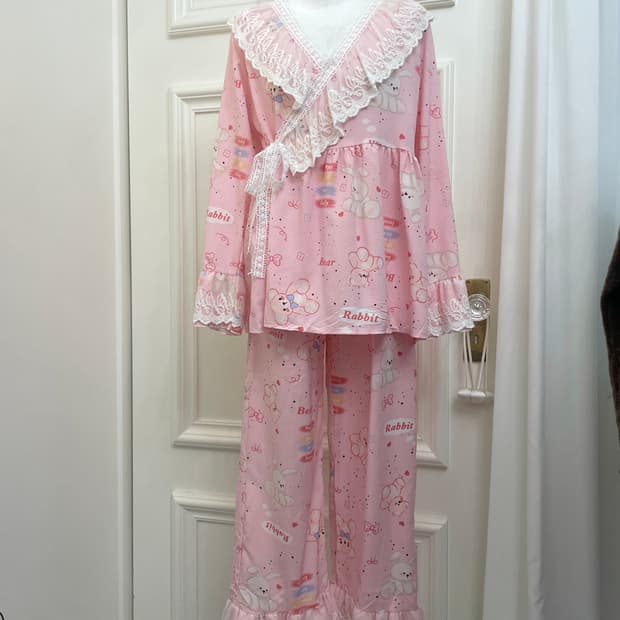 pink lace point bear print pajama set