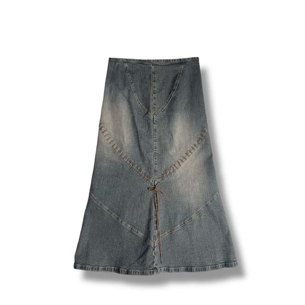 Ozoc 레더 끈 데님 스커트