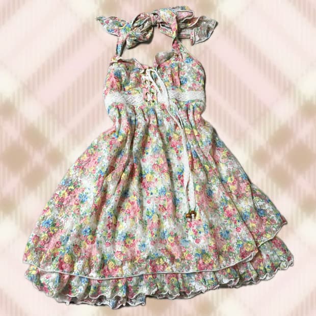 리즈리사 플로럴 리본 홀터 원피스 라떼 히메 갸루 러블리 로걀 빈티지