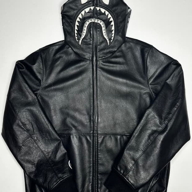 베이프 샤크 레더 블랙 후드 자켓