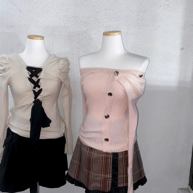 아보라빈티지 여리 페어리 오프숄더 연핑크 단추 니트
