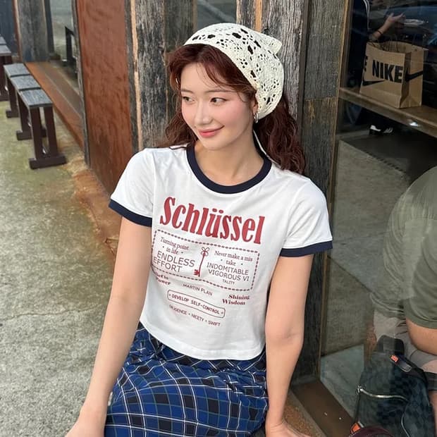 마틴플랜 배색 링거 반팔 크롭 티셔츠