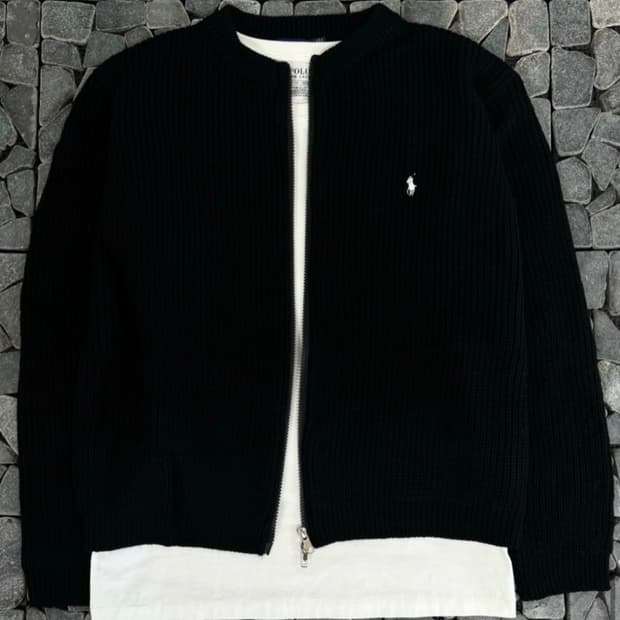 폴로 블랙 크롭 니트집업 L