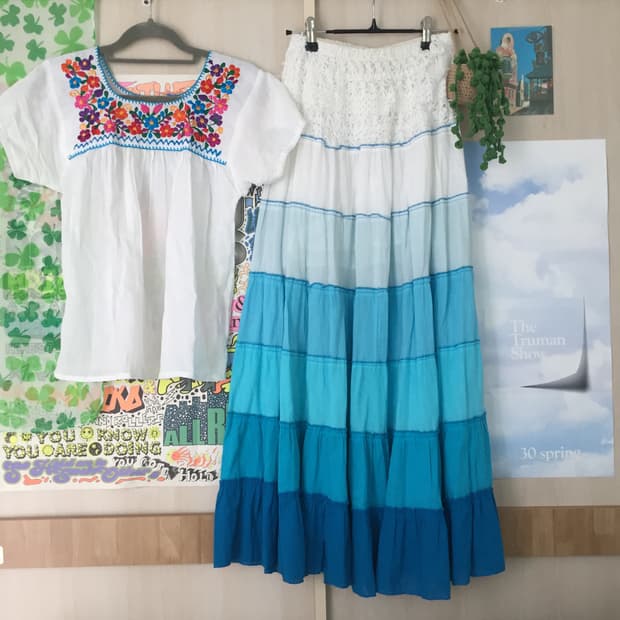 멕시코 자수 블라우스 롱스커트 하구미 코디 세트