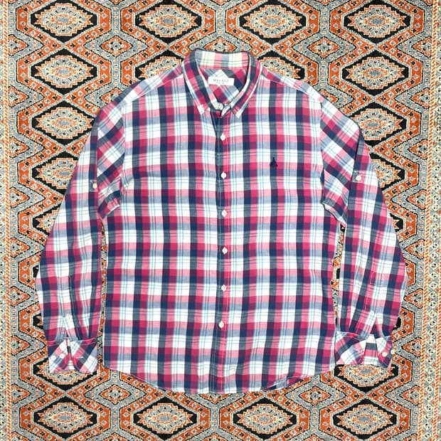 빈폴 레드 블루 타탄체크 얇은코튼 셔츠 남성100