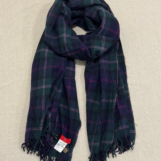 요지야마모토 러플 체크그린 울 머플러