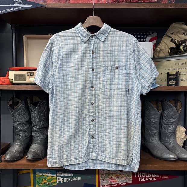 00s 파타고니아 자카드 체크 패턴 린넨 반팔셔츠 N1152