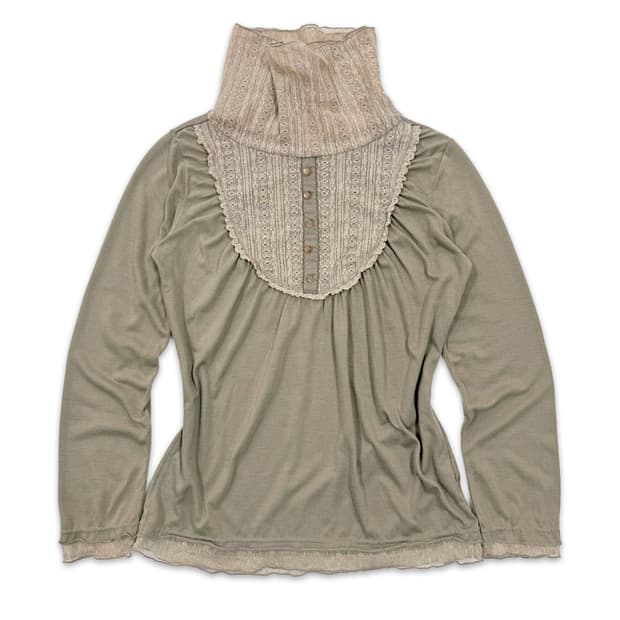 빈티지 베이지 카키 레이스 레이어드 긴팔티