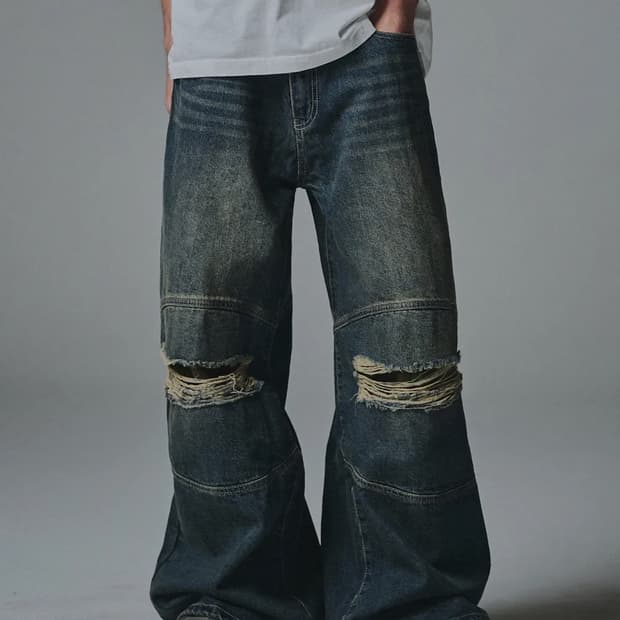 Camo Double Knee Flare Fit Denim Pants -