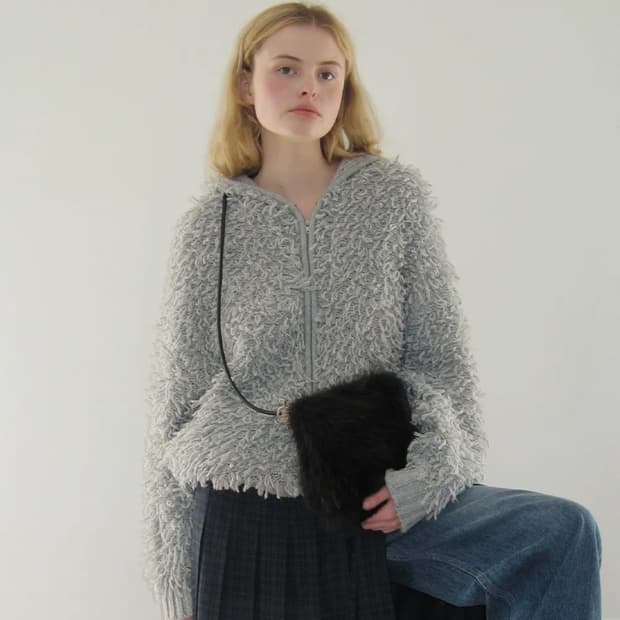 시눈 프린지 후드 니트 집업 (멜란지 그레이)