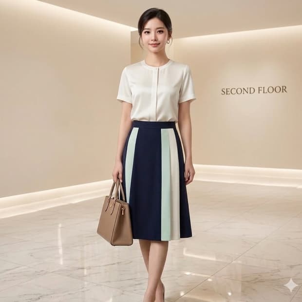 🌸봄 출근룩 | 세컨플로어 H라인 배색 미디 스커트 66 | 날씬핏 ·