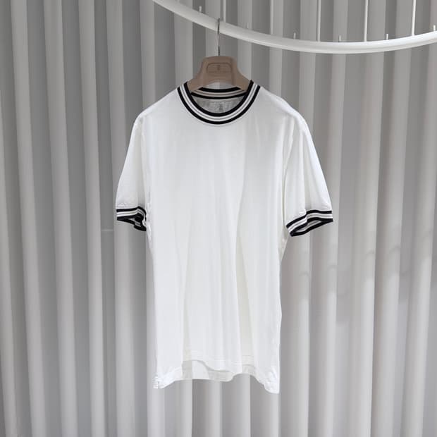 (A+/L) / 브루넬로쿠치넬리 스트라이프 트리밍 코튼 저지 반팔 티셔츠