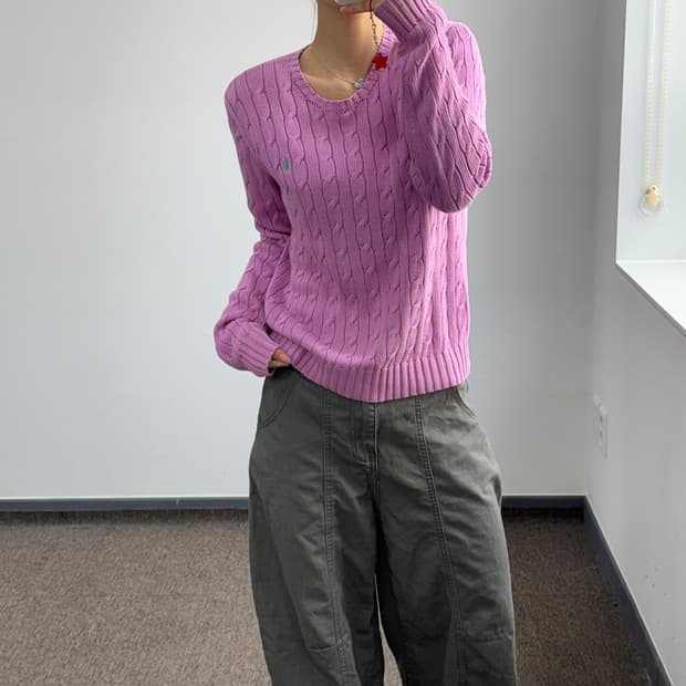 Polo 폴로 그린포니 핑크 케이블 니트