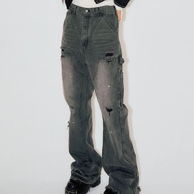 스키즘인듀싱 더블니 부츠컷 데님진 그레이L