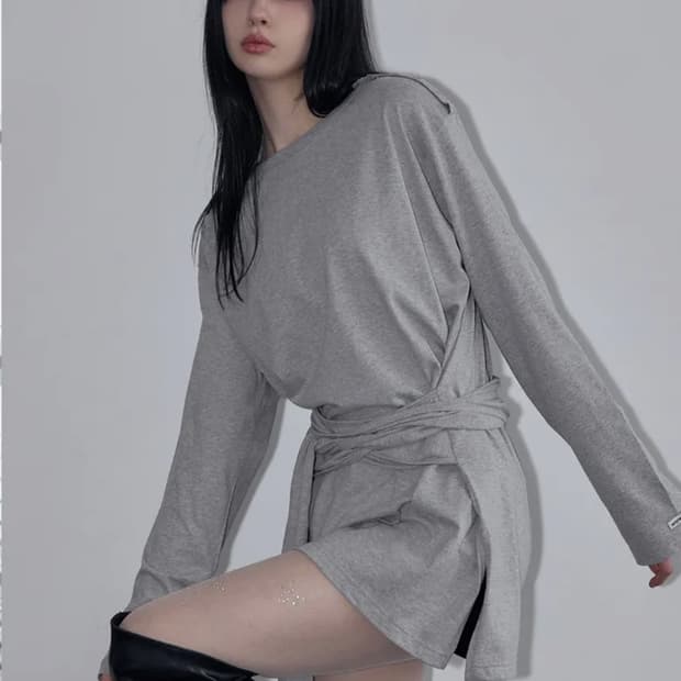 렌세 Wrap-Tie Long Sleeve Tee Melange Gray