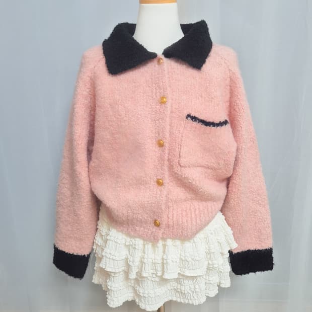 핑크 블랙 카라 가디건